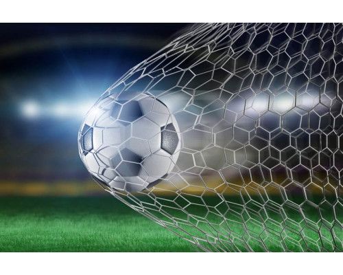 Fotobehang van een voetbal die met kracht het doelpunt maakt, vastgelegd tijdens een glorieus moment op het veld.