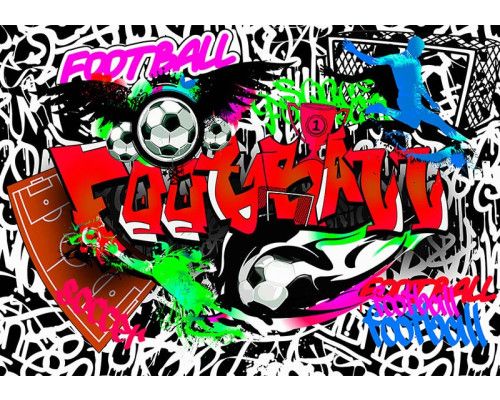 Energieke graffiti-muurschildering met voetbalthema op een betonnen muur, vol levendige kleuren en beweging.