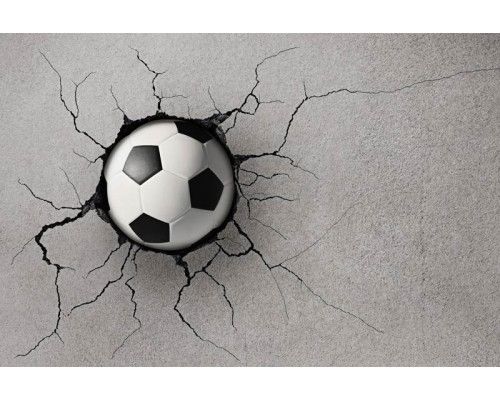 Fotobehang met een 3D-effect van een voetbal die door een muur lijkt te breken, wat een dynamische en krachtige scène creëert.