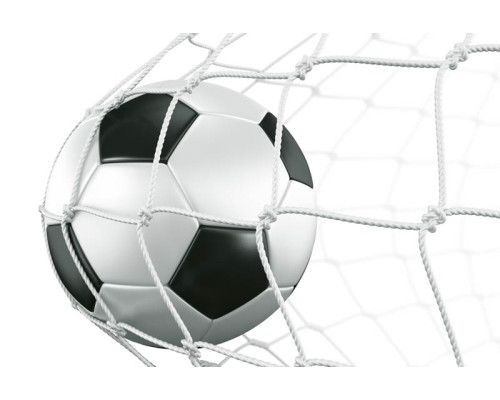 Fotobehang van een voetbal die net in het doel terechtkomt, gevangen op het beslissende moment van de wedstrijd.