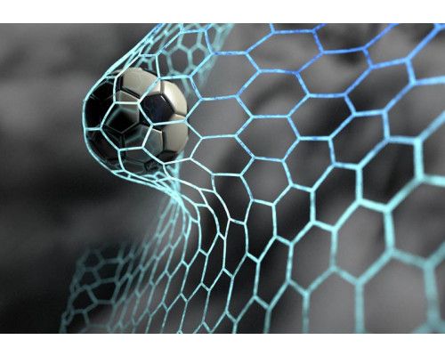 Fotobehang van een voetbal die gevangen is in het net, net op het moment van scoren, met het doel helder in beeld.