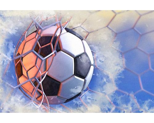 Fotobehang van een schilderij waarin een voetbal het doelpunt maakt, met het moment van scoren centraal in beeld.