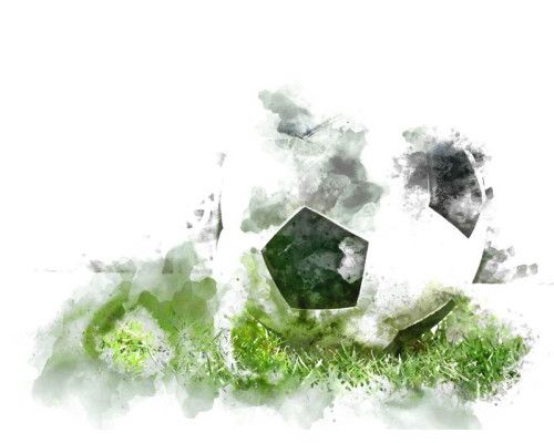 Fotobehang van een schildering met een voetbal, artistiek weergegeven in een abstracte stijl met levendige kleuren.