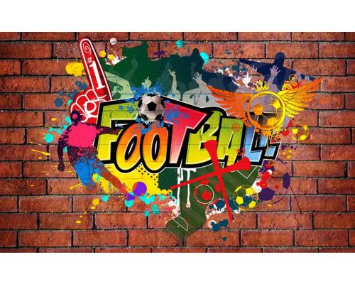 Straatkunst met graffiti-stijl voetbalspelers, energieke composities op een achtergrond van stedelijke elementen.