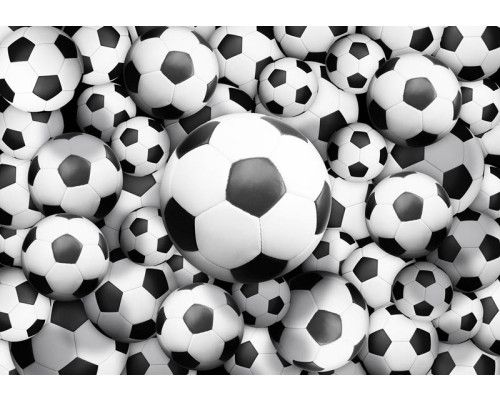 Voetballen in een 3D-effect afgebeeld op een fotobehang voor kinderen.