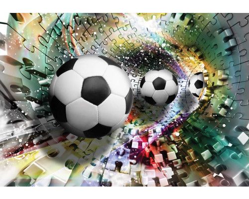 Voetballen met een puzzel en 3D-effect tunnel op fotobehang voor kinderen.