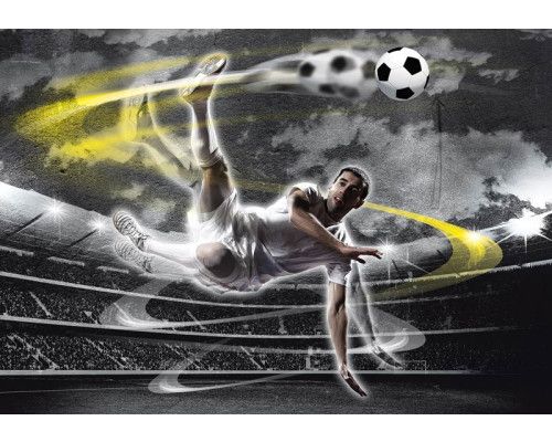 Fotobehang met een voetballer in actie tijdens een omhaal op een stadionveld.