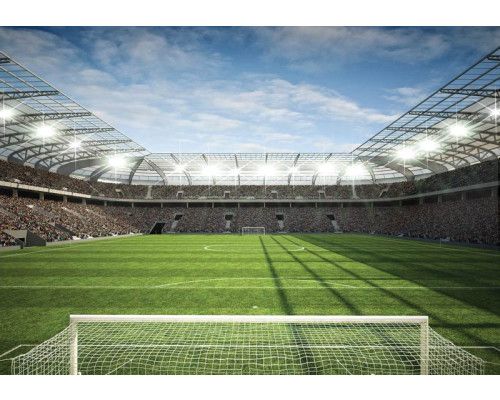 Fotobehang van een vol stadion tijdens een voetbalwedstrijd, kinderen zijn gefocust.