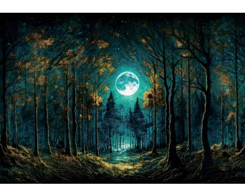 Volle maan schijnt door een sprookjesbos op dit kinderbehang, met een magische sfeer van nachtelijke avonturen.