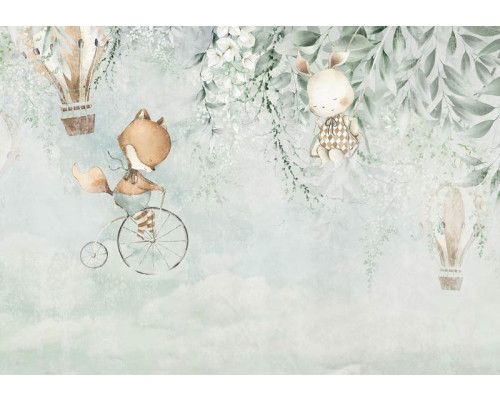 Fotobehang van een vos en een konijntje, weergegeven in de lucht met luchtballonnen.