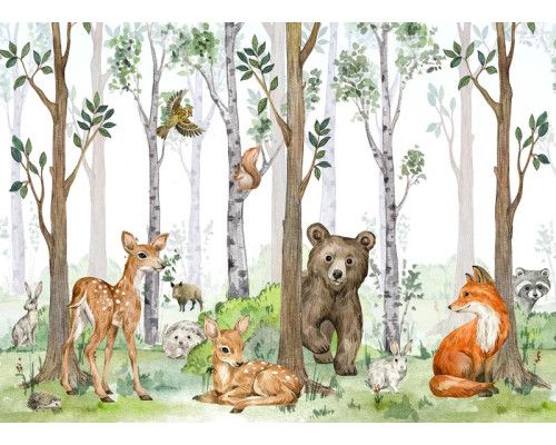 Fotobehang met vrolijke bosdieren zoals een beer, hertjes en een vos in een speelse setting, perfect voor een vriendelijke en levendige uitstraling.