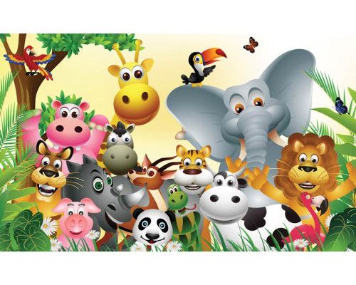 Vrolijke dieren uit de Afrikaanse jungle op fotobehang, kleurrijk en speels.