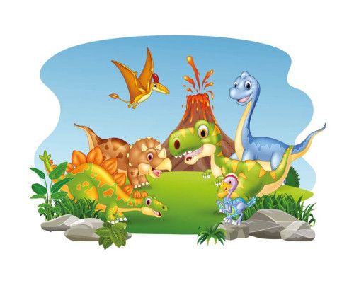 Dinosaurussen voor een actieve vulkaan, omringd door prehistorische natuur, afgebeeld op een vrolijk fotobehang.