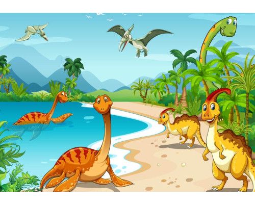 Vrolijke dinosaurussen spelen in het water, omringd door natuur, op dit speelse fotobehang.