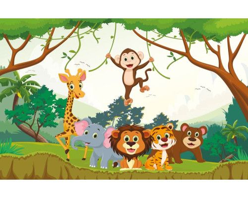 Fotobehang van vrolijke jungledieren, perfect voor kinderen, met kleurrijke illustraties van exotische dieren.