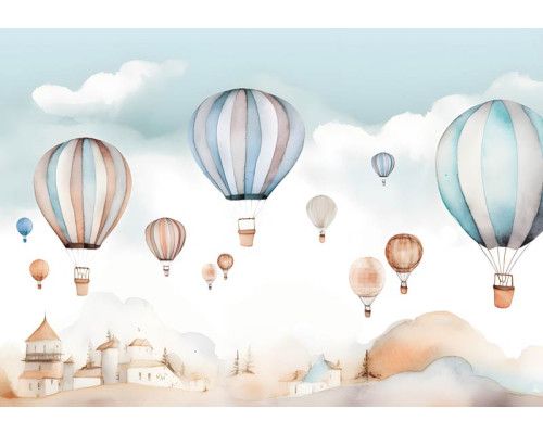 Vrolijke luchtballonnen die door de lucht zweven, speciaal ontworpen voor kinderkamers, afgebeeld op dit kleurrijke fotobehang.