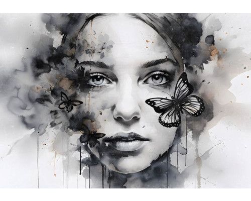 Een portret van een vrouw met een vlinder, kunstzinnig vastgelegd op een elegant fotobehang.
