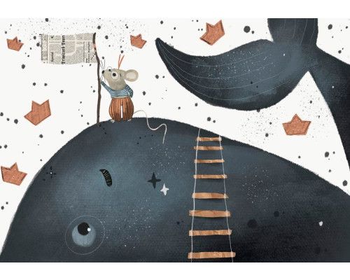 Fotobehang met een walvis en muis die spelen in een speels en fantasierijk tafereel, perfect voor een kinderkamer.