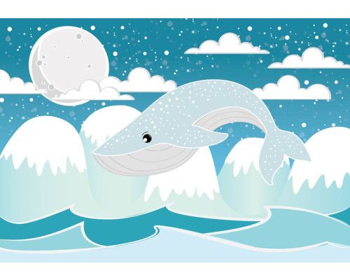 Walvis hoog boven het water, speels fotobehang voor babykamers.