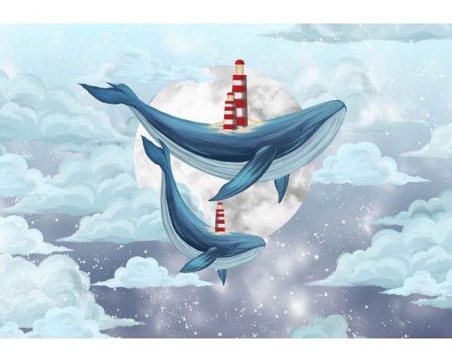 Kinderbehang met een dromerige scène van een walvis die langs een vuurtoren zweeft, met de maan en wolken op de achtergrond.