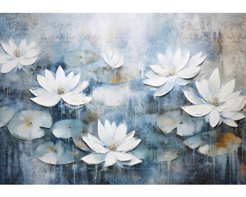 Fotobehang van een schilderij met waterlelies, in een kunstzinnige compositie met bloemen op een rustige vijver.