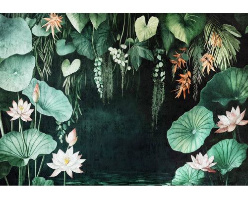 Fotobehang met waterlelies op een rustige vijver, omringd door tropisch groen en weelderige bladeren.