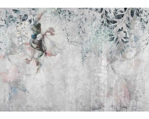 Fotobehang Weelderige Bloemen en Planten op Betonstructuur