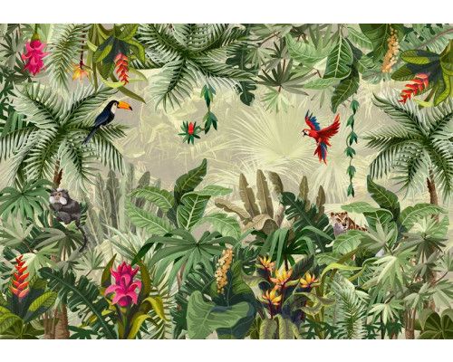Fotobehang met dieren omringd door tropische planten, perfect voor een botanische sfeer.