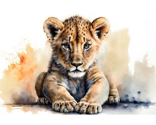 Fotobehang van een welp. Dit fotobehang toont een jonge leeuw met een achtergrond vol prachtige verfkleuren.