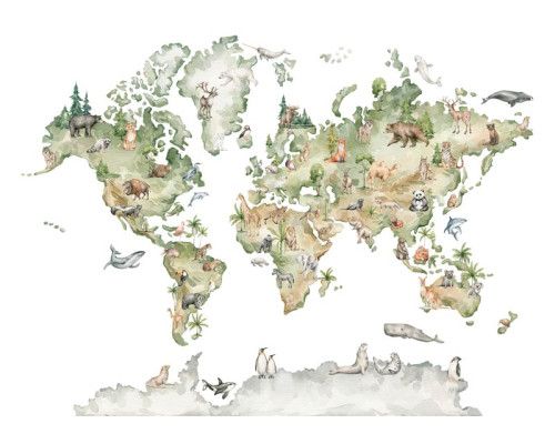 Fotobehang met wereldkaart en dieren, perfect voor een kinderkamer met speelse illustraties van dieren uit verschillende continenten.