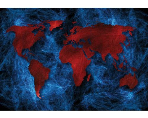 Fotobehang van een rode en blauwe wereldkaart in schilderstijl, abstracte kunst.