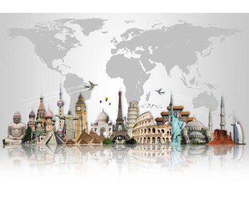 Fotobehang wereldkaart met iconische gebouwen zoals de Eiffeltoren, Big Ben, Colosseum, Pyramides en Vrijheidsbeeld.