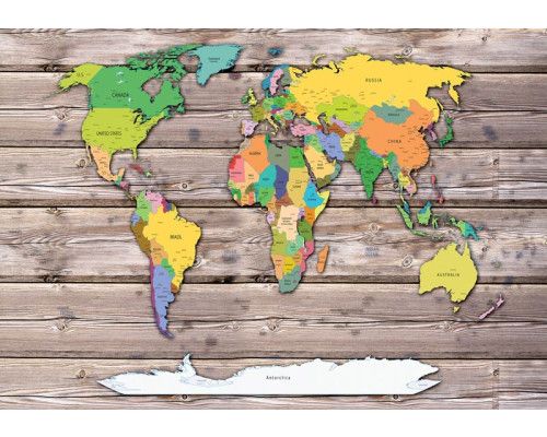Wereldkaart gekleurd op hout, abstract fotobehang met levendige kleuren en een moderne uitstraling.