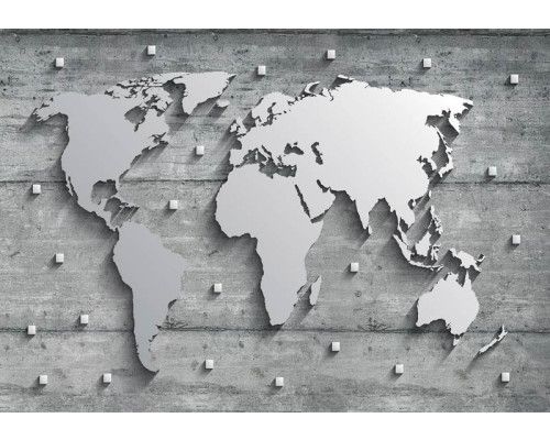 Fotobehang met een wereldkaart van metaal en beton, abstract zilverkleurig ontwerp.