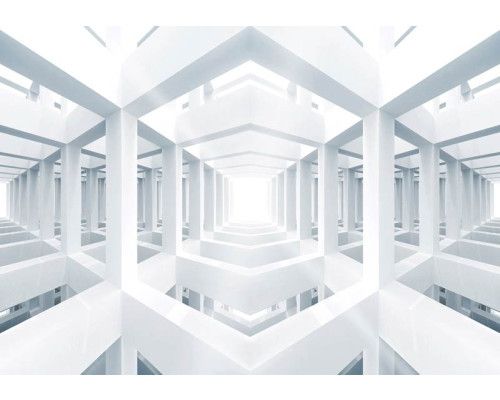 Witte ruimte, 3D-fotobehang met geometrische vormen en een futuristisch ontwerp.