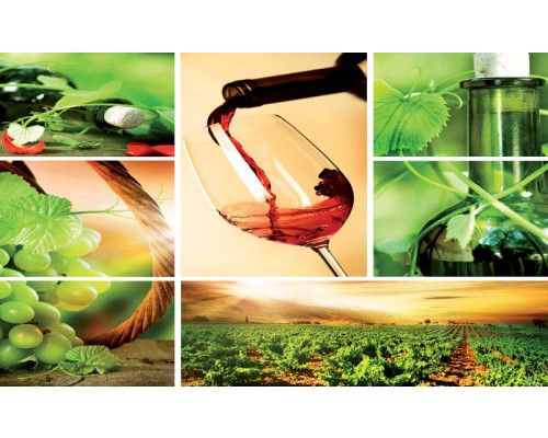 Fotobehang van rode druiven en wijnflessen in een Franse wijngaard, sfeervolle weergave.