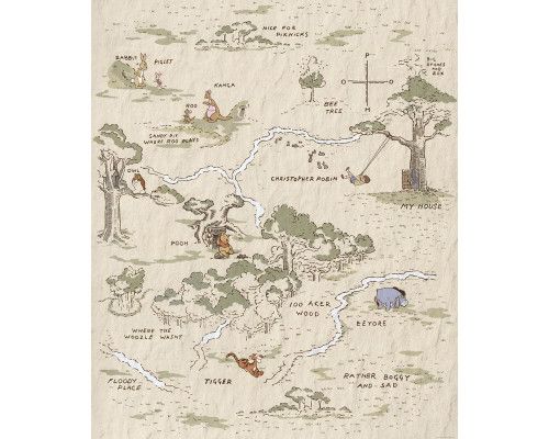 Winnie the Pooh Map fotobehang met een speelse plattegrond van het Honderd Bunderbos, waarin locaties zoals het huis van Poeh en Knorretje getoond worden.