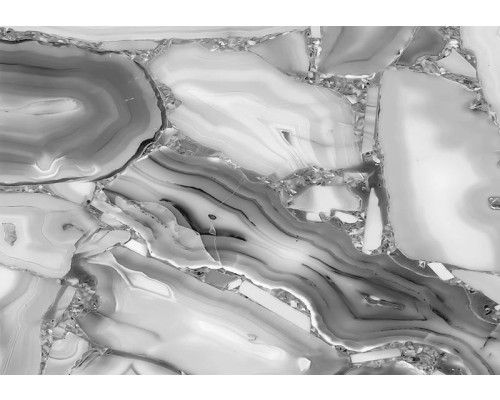 Een abstract fotobehang met een mix van marmer en verenpatronen, wat zorgt voor een artistieke en industriële sfeer.