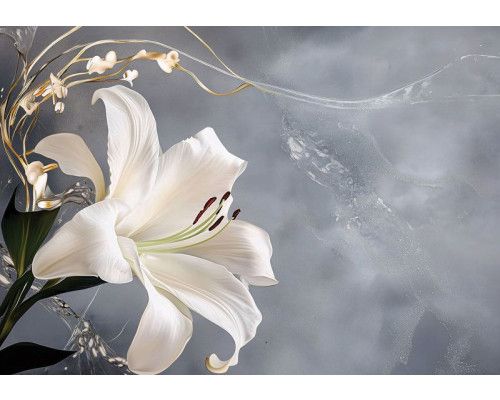 Fotobehang met een elegante witte lelie en gouden accenten op een zachte grijze achtergrond.