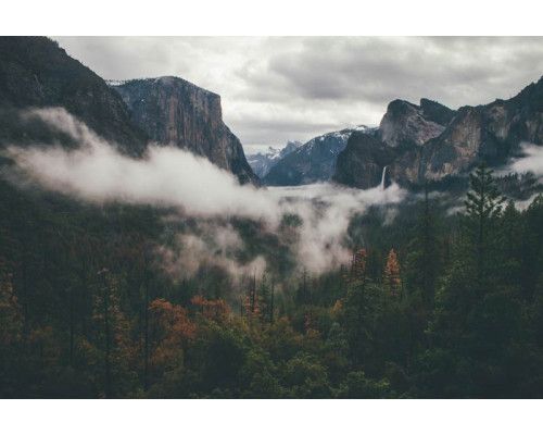 Fotobehang van het Yosemite National Park, met indrukwekkende bergen en dichte bossen in een schilderachtig landschap.