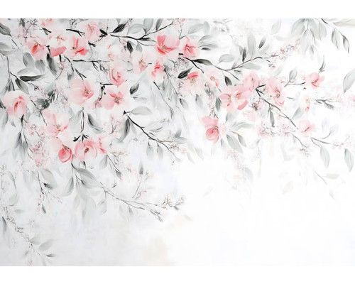 Fotobehang met zachte bloesemtakken in aquarelstijl in roze en pastelkleuren op een lichte achtergrond.