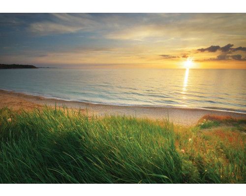 Fotobehang van een zee bij zonsondergang, met een serene strandomgeving.