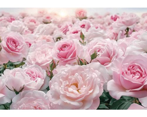 Fotobehang met een zee van zachtroze rozen in volle bloei.