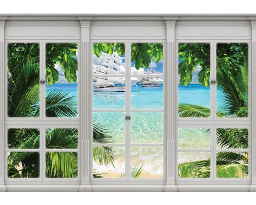 Fotobehang met zeezicht en boten door een raam, weergegeven in 3D-perspectief.
