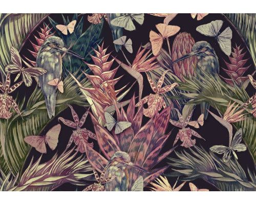 Fotobehang met zomerse tuin vol vlinders en vogels in kleurrijke natuur.