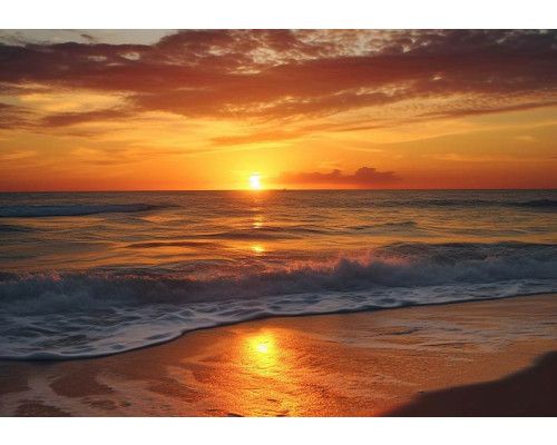 Zonsondergang aan zee, met een schilderachtig natuurlandschap dat de rust van de avond weerspiegelt op dit fotobehang.