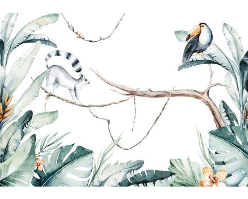 Botanisch safari jungle fotobehang met wilde dieren en tropische planten, ideaal voor een avontuurlijke kinderkamer.
