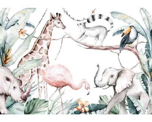 Jungle safari met dieren en planten in een kleurrijke kinderbehangstijl, perfect voor een avontuurlijke kinderkamer.