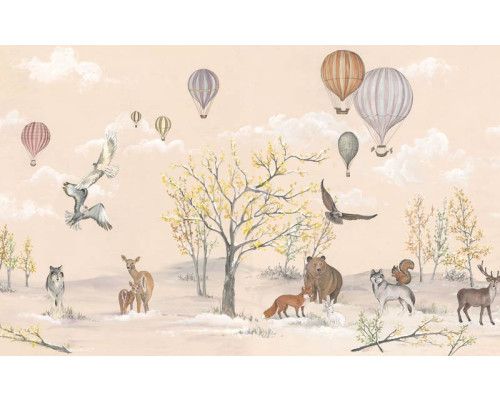 Kinderbehang met een verscheidenheid aan bosdieren, zoals vossen en eekhoorns, in een speelse bosrijke setting.