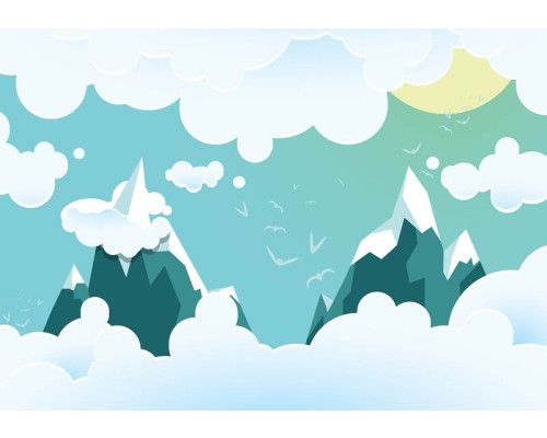 Kinderbehang met hoge bergtoppen en wolken, rustgevend en natuurgetrouw.